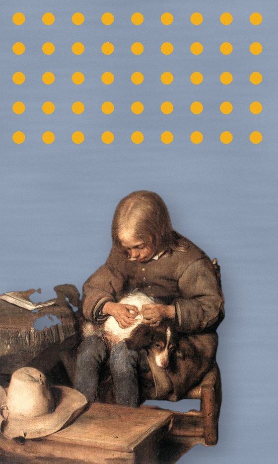 Gerard ter Borch’s boy with his dog, reworked on slate with yellow dots