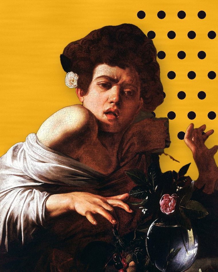 Caravaggio’s Boy Bitten by a Lizard, reworked on cadmium yellow with polka dots